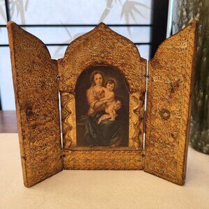 Vintage Wood Triptych Italian Florentine Gold Gilt Madonna & Child